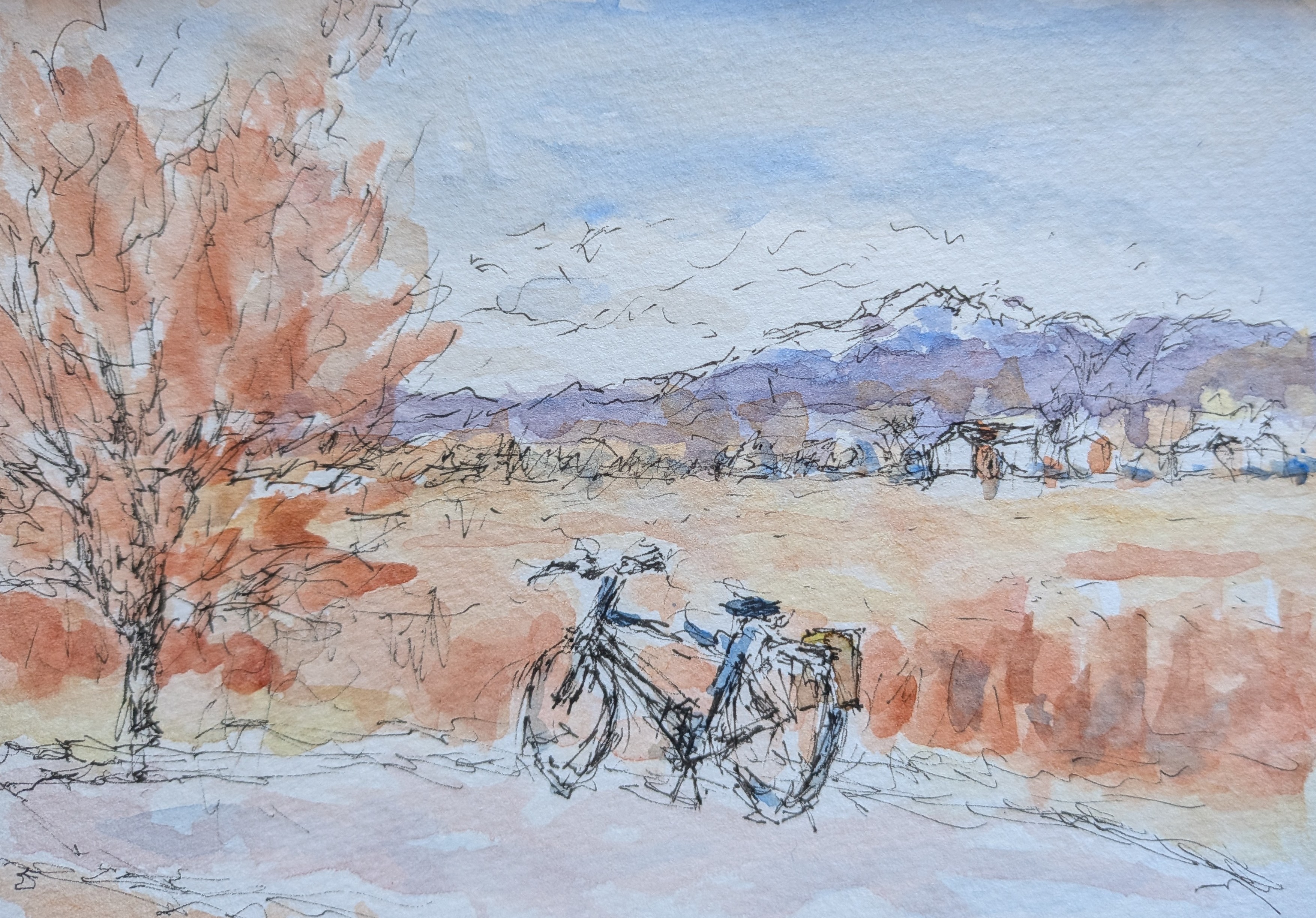 Painting of field with bicycle in foreground